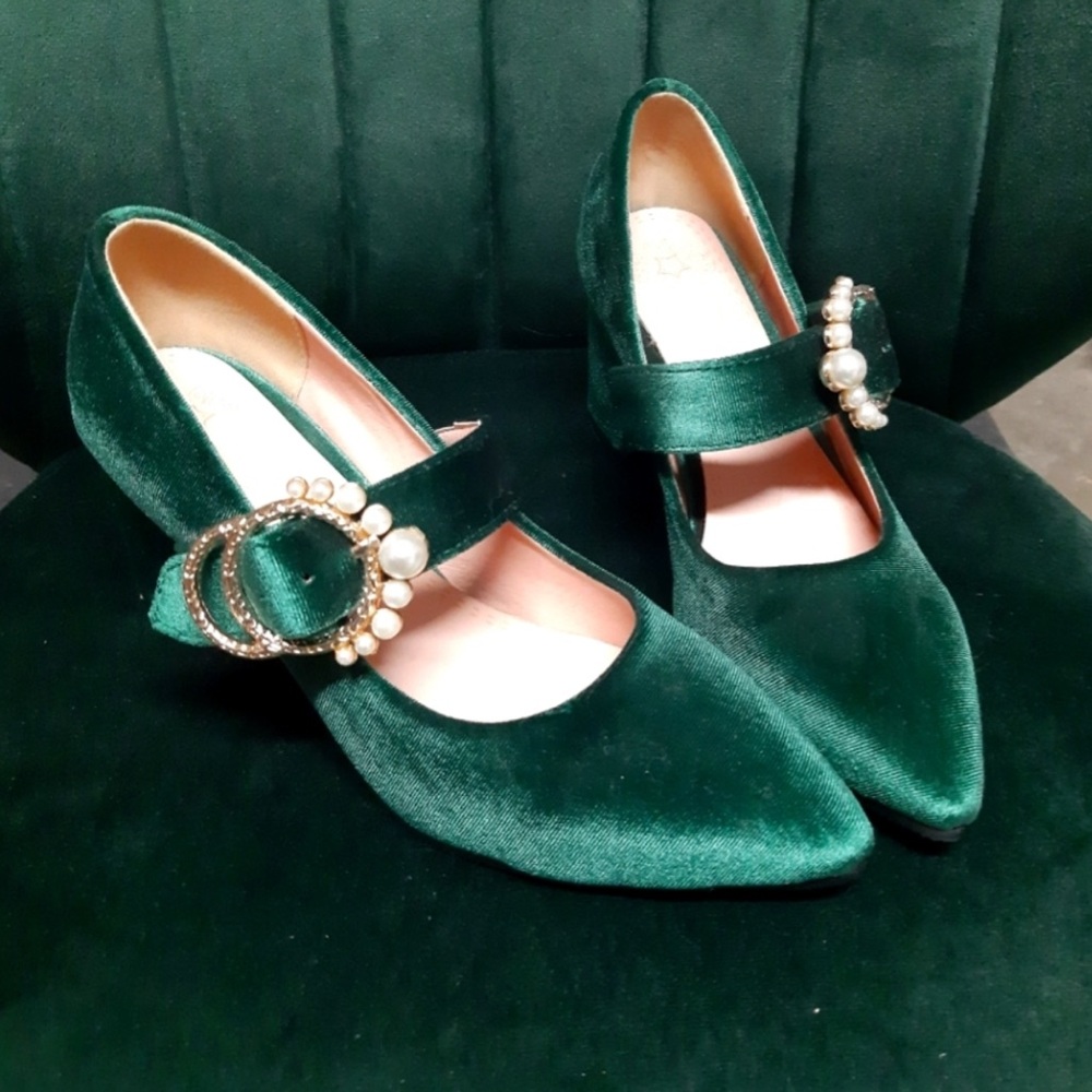 Emerald, luxury velvet chunky heels! Size 7 Flapper Jazz Age Pin Up